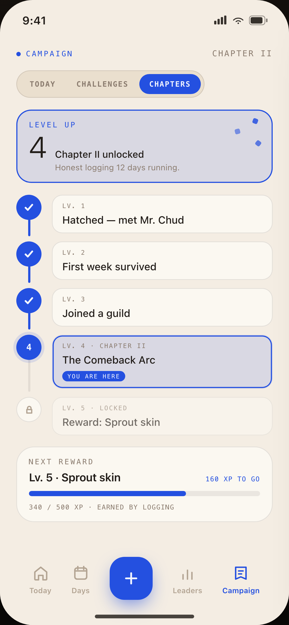 Campaign screen showing chapter two unlocked at level four, The Comeback Arc, with the next reward at level five