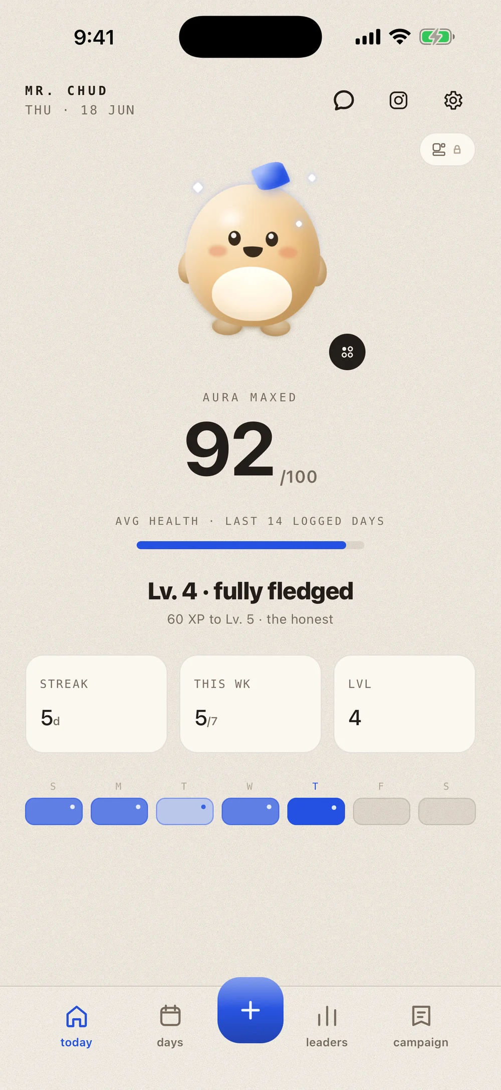 Mr. Chud home screen: the clay mascot under the line aura maxed, a 92 out of 100 average health over the last 14 logged days, level 4 fully fledged with 60 XP to go