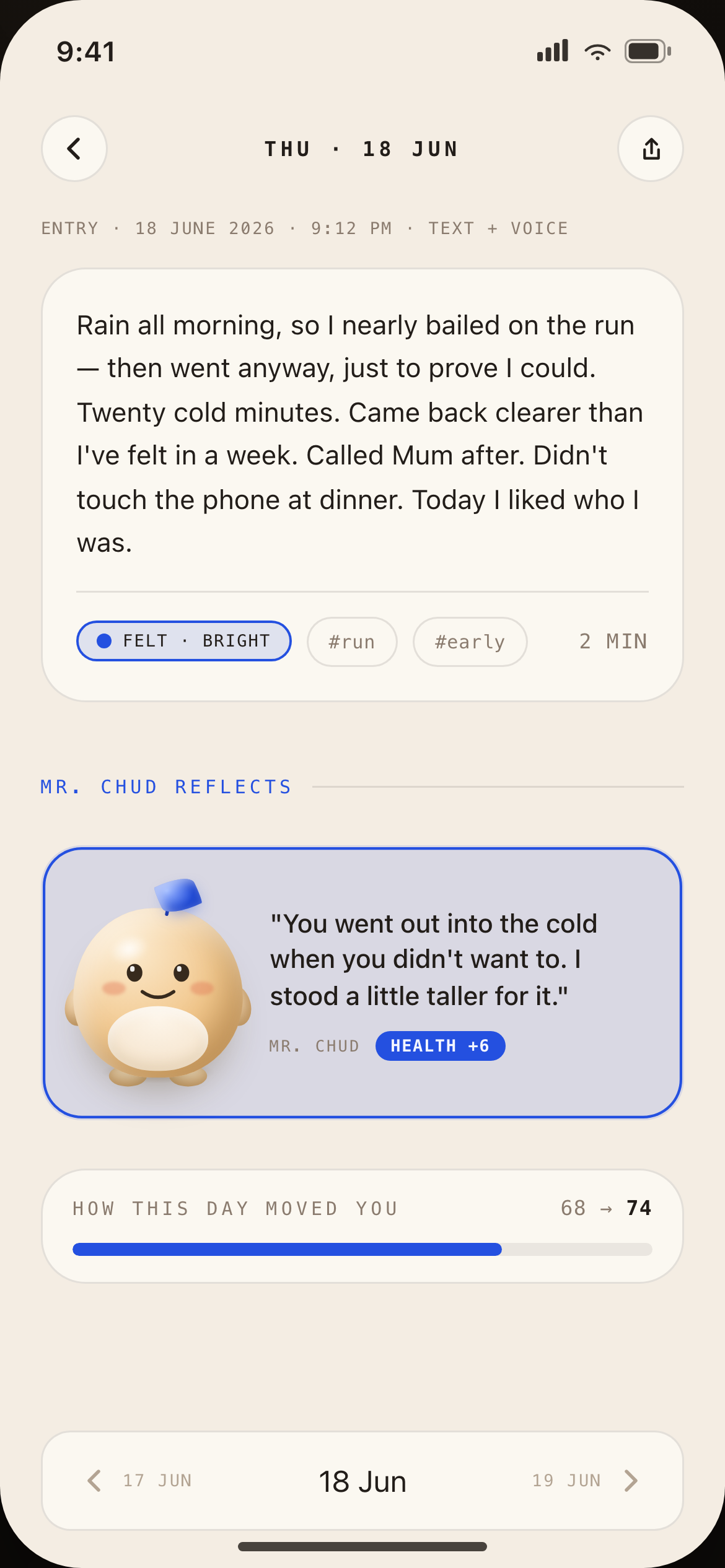 A scored journal entry: Mr. Chud reflects with an encouraging line, HEALTH +6 badge, and the day moving the average from 68 to 74